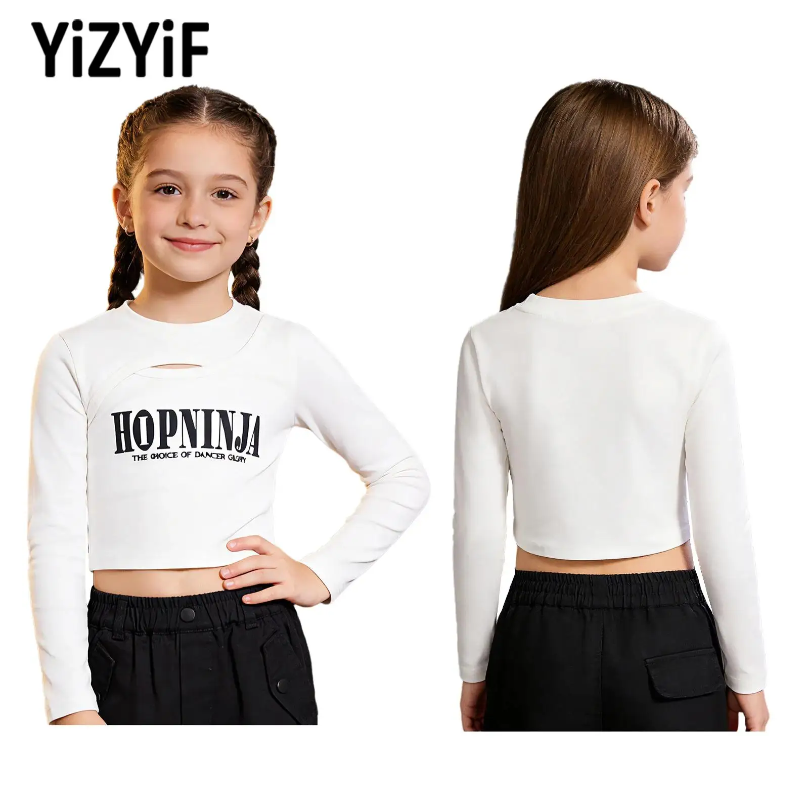 

Girls Jazz Street Dance Tops Performance Costume Kids Long Sleeves Keyhole Front Crop Top Skateboarding Running Sports Costumes