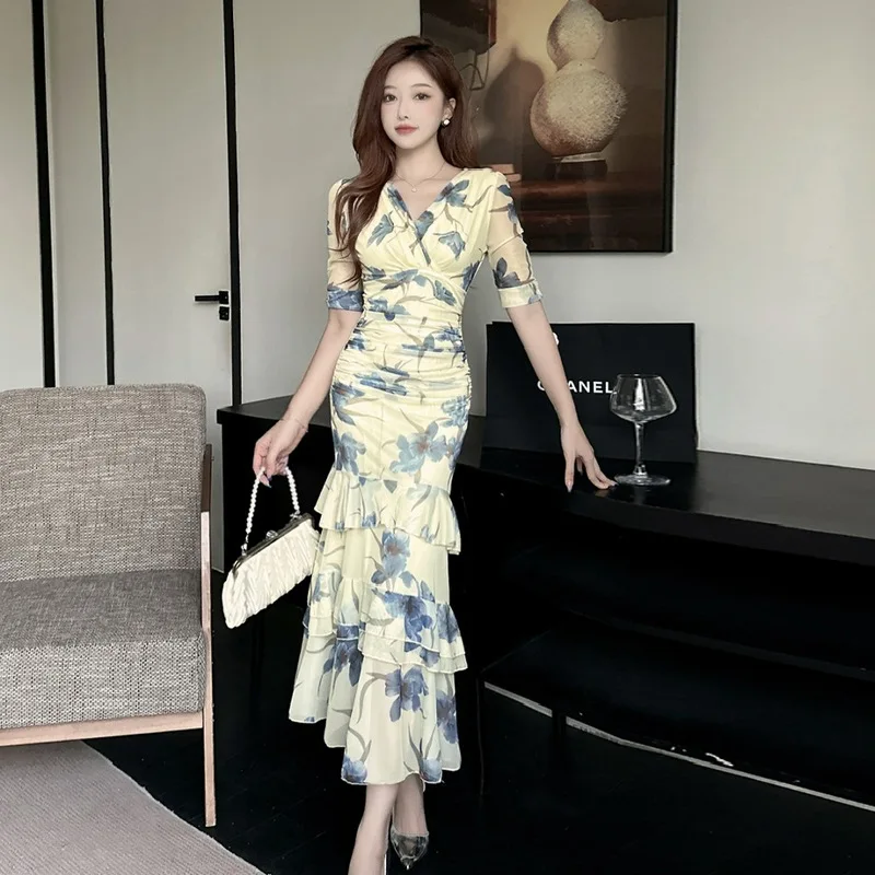 Francês retro rosa floral assimétrico com decote em v babados malha em camadas bodycon vestido para mulher elegante magro ruched sereia maxi saia