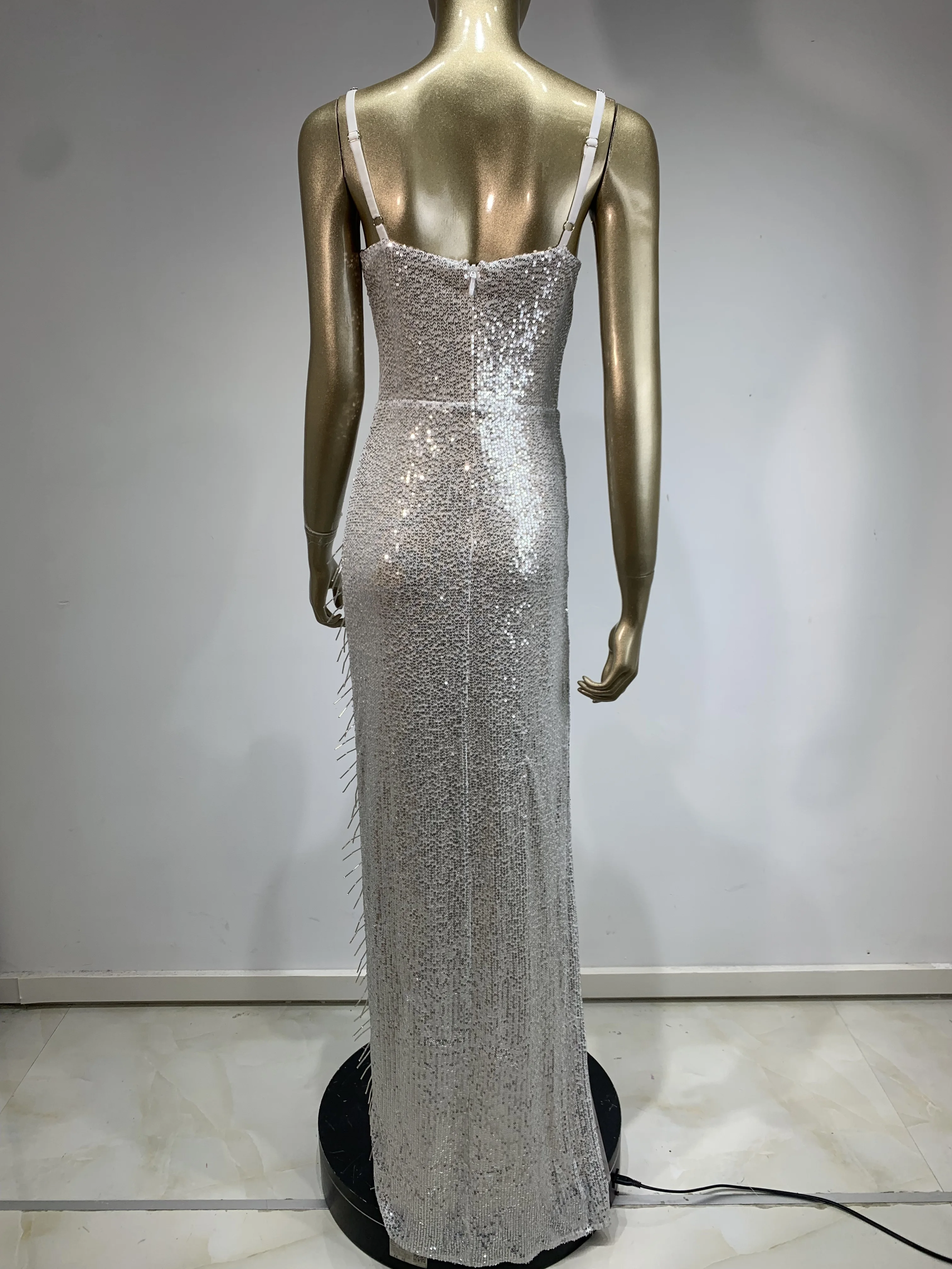 Women Summer Sexy Crystal Diamonds Silver Sequins Long Bodycon Dress 2024 Elegant Party Evening Stage Performance Dress Vestido