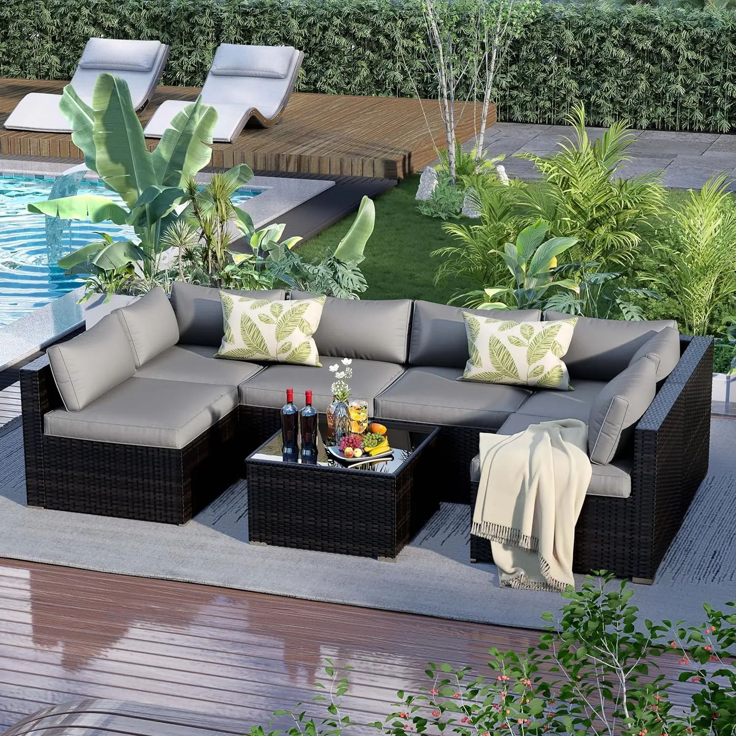 7-teiliges Terrassenmöbel-Set-Outdoor-Korb-Rattan-Möbel mit Kissen und Glas tisch Patio-Gesprächs sets