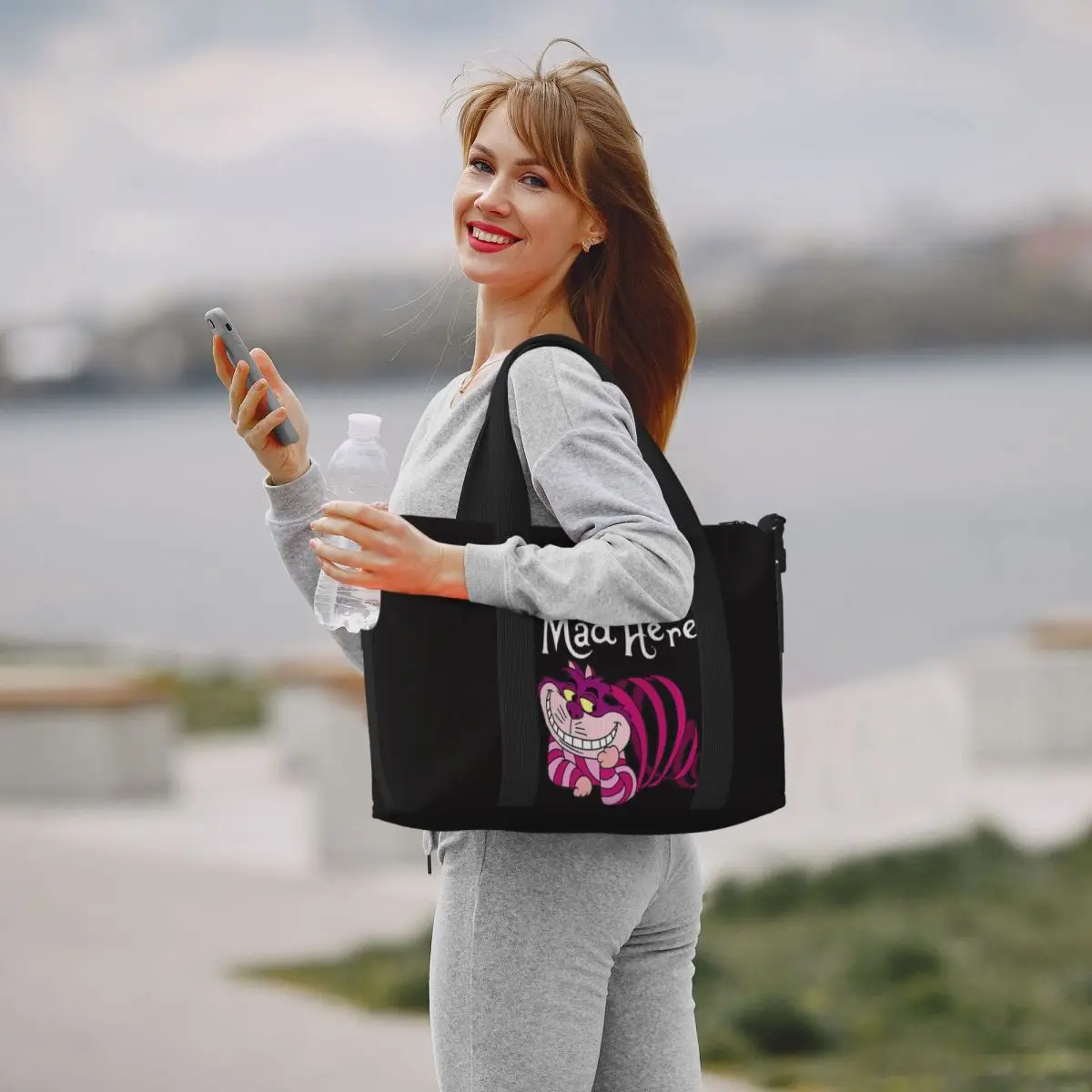 Custom Cheshire Cat Beach Tote Bag for Women We\'re All Mad Here Cat Big Compartment Gym Beach Travel Bags