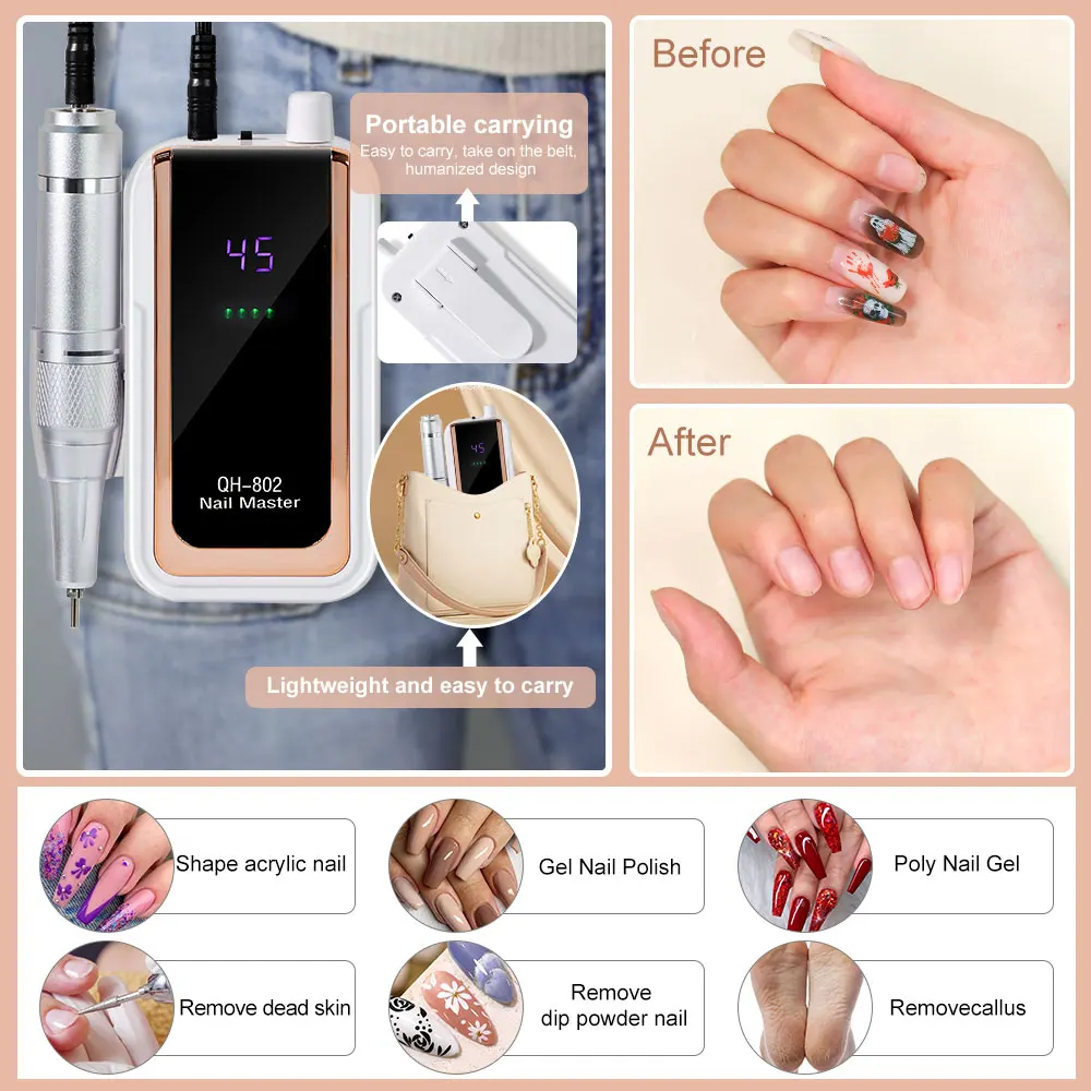 45000RPM Electric Nail Drill File Rechargeable Portable Electric Nail File Machine Kit for Nail Polishing Removing Gift Supplies