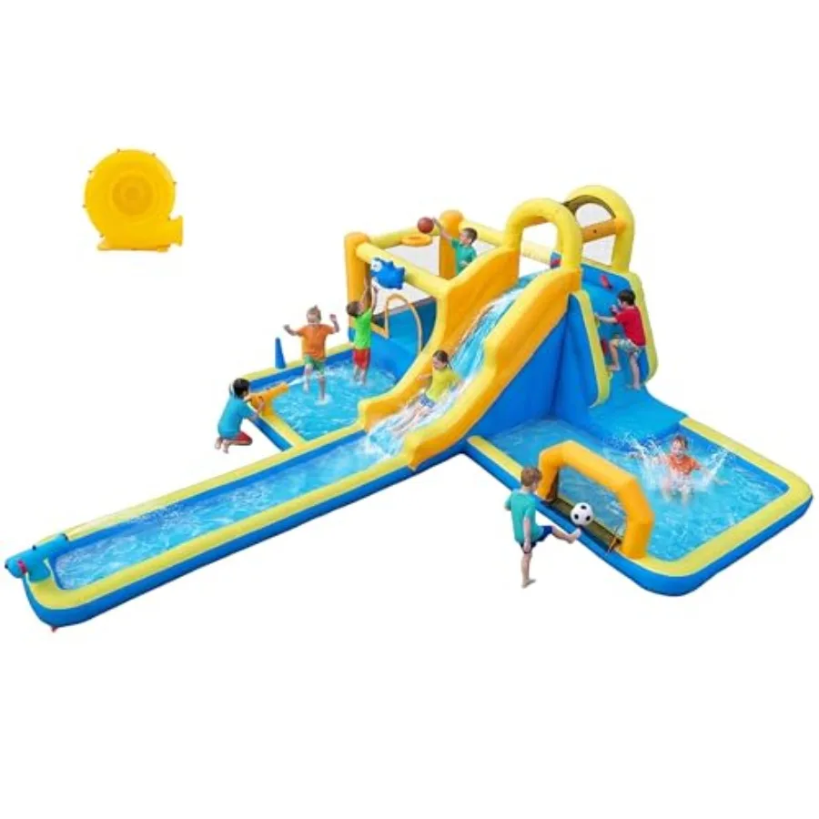 

Inflatable Water Slide Bounce House Water Park Backyard with 520W Blower Long Slide Splash Pool Trampoline Climbing Wall Water
