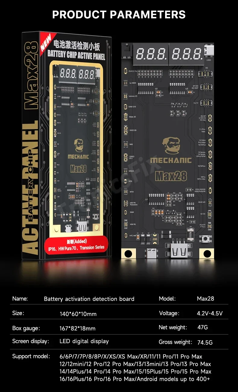 Mechanic Max28 Battery One-click Activation Detection Board for IPhone 6-16ProMax Circuit Inspection Charging Tester Repair Tool