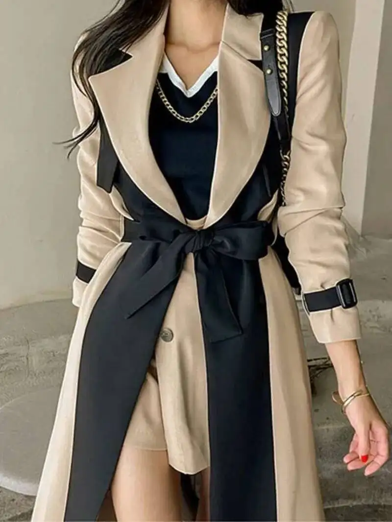 Collar Elegant Notched Lady Patchwork Windbreaker Full Sleeve Buttons Belted Women Long Trench Coats 2025 Winter AV38