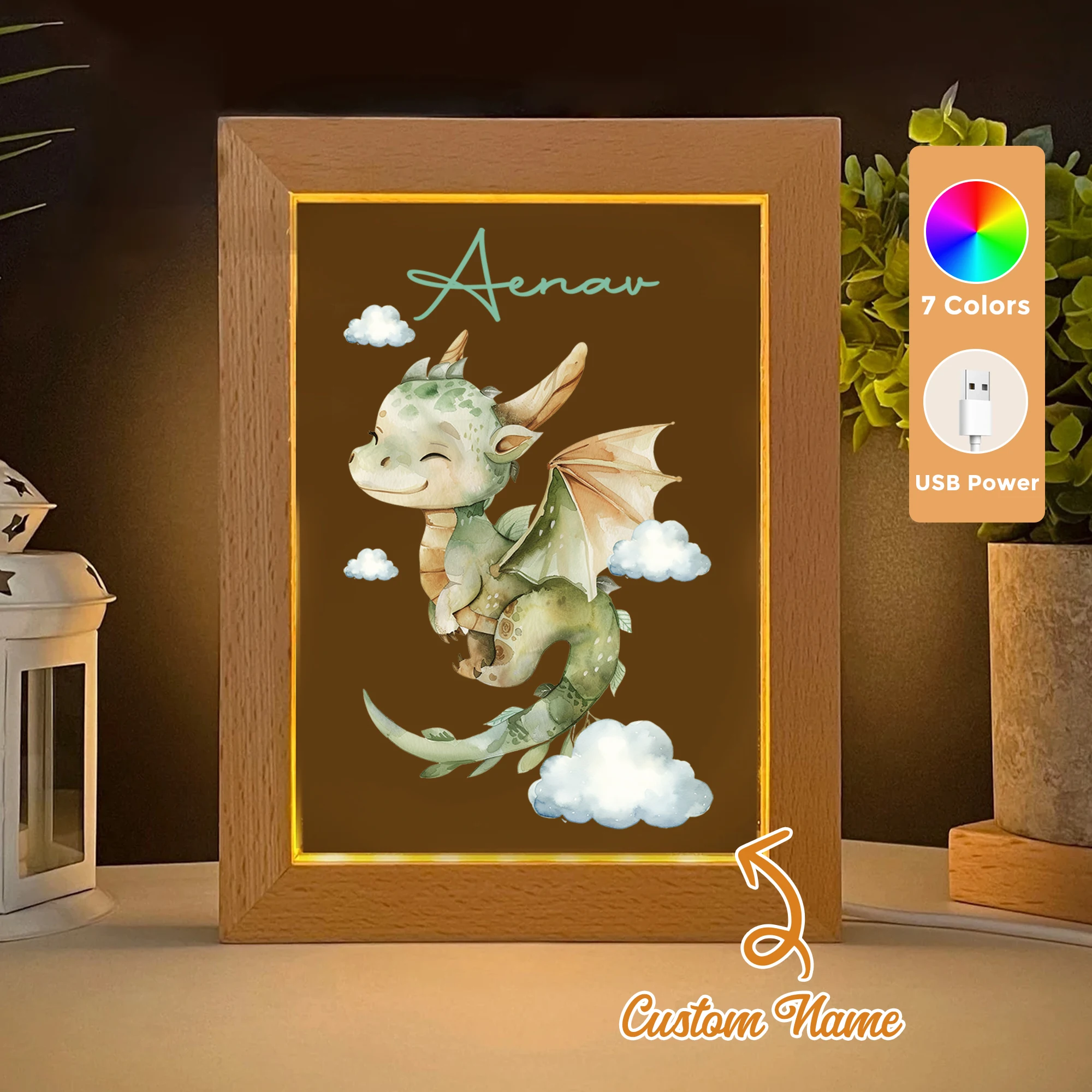 

2D Flat Custom Name Cartoon Green Dinosaur LED Acrylic Night Light Wood Photo Frame 21x17cm Child Bedroom Gifts Home Decor
