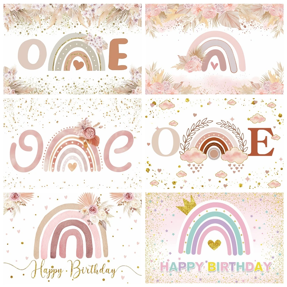 

Boho Rainbow Backdrop Child One Birthday Photography Background Baby Shower 1st Birthday Pink Pampas Grass Decor Photo Backdrop