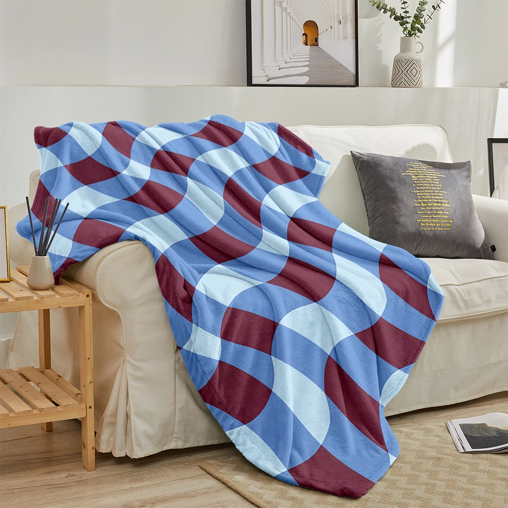Blue Red Warped Checker Flannel Blanket Soft Cozy Throw Blanket for Bed Sofa Couch Fuzzy Plush Bed Cover