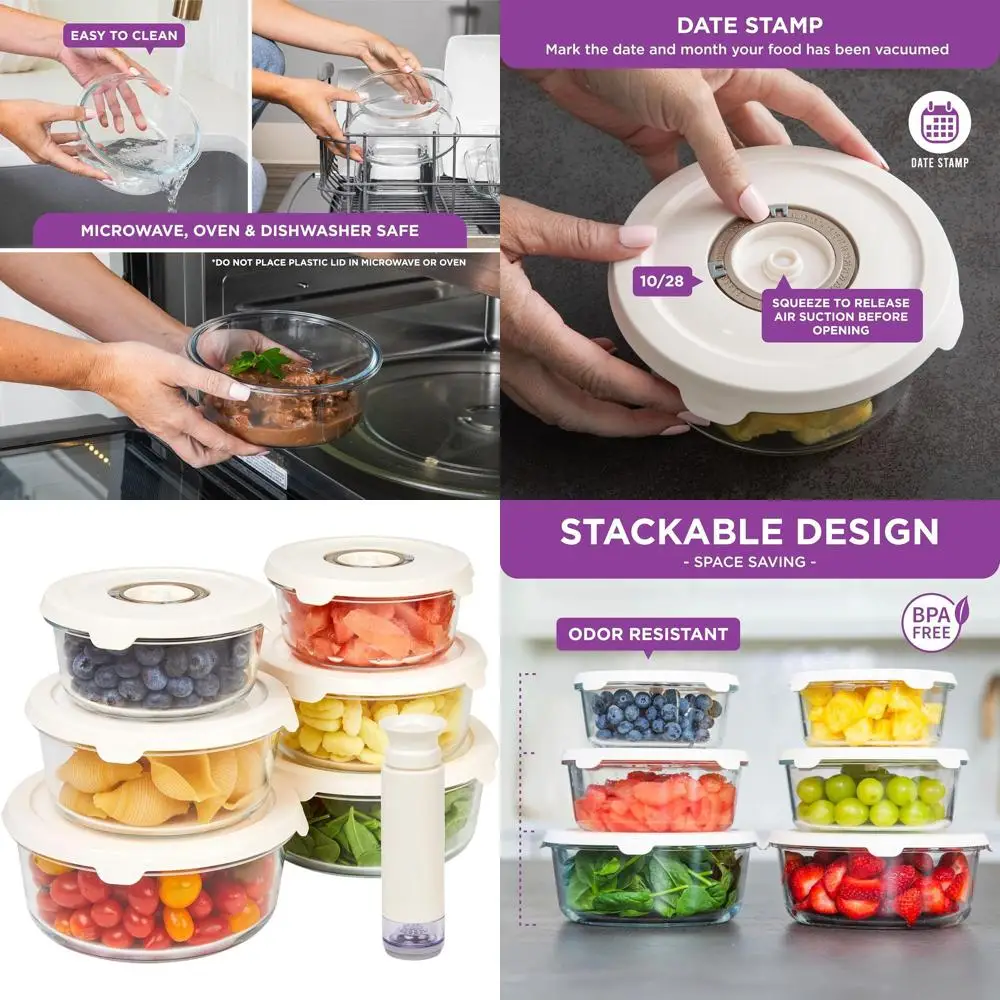 

Set of 6 BPA-Free Glass Food Storage Containers with Manual Pump for Freshness and Leak-Proof Meal Prep