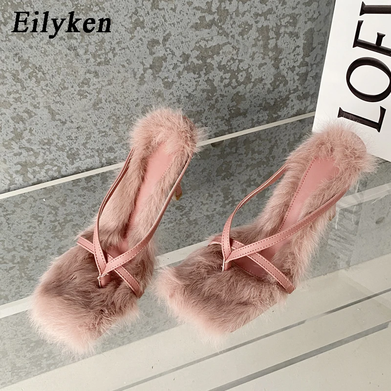 Eilyken 2024 Designer Faux Fur Feather Square Clip Toe Women Slippers Summer Shallow High Heels Flip Flops Slide Shoes