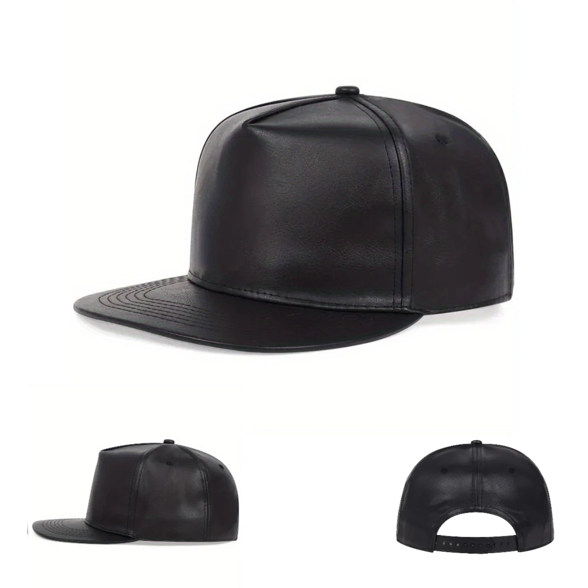 

Flat Brim PU Leather Black Baseball Cap Men Women Peaked Cap Streetwear Hip Hop Wide Snapback Hat Outdoor Sun Hats for Adults