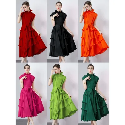 Summer Holiday Miyake Pleated Dress Women\'s Stand Collar Lace Up Sleeveless Elastic Oversized Ruffles Boho Robe Loose Vestidos