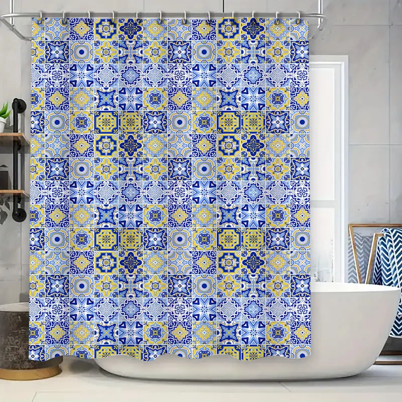 

Сине-желтая занавеска для душа с геометрическим принтом и плитками для декора ванной комнаты, водонепроницаемая ткань, универсальный размер 72x84 дюймов (3 шт.)