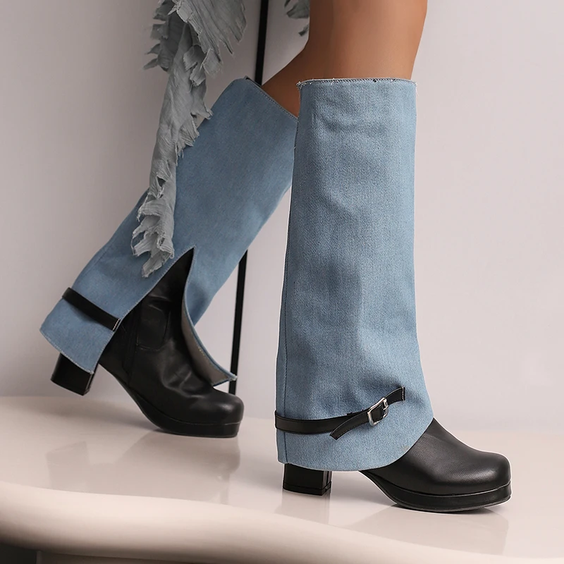 Plus Size 34-50 Women's Denim Boots Cowboy Western Fold Over Cowgirl Boots Chunky Stacked Heel Round Toe Pull On Wide-Calf Boots