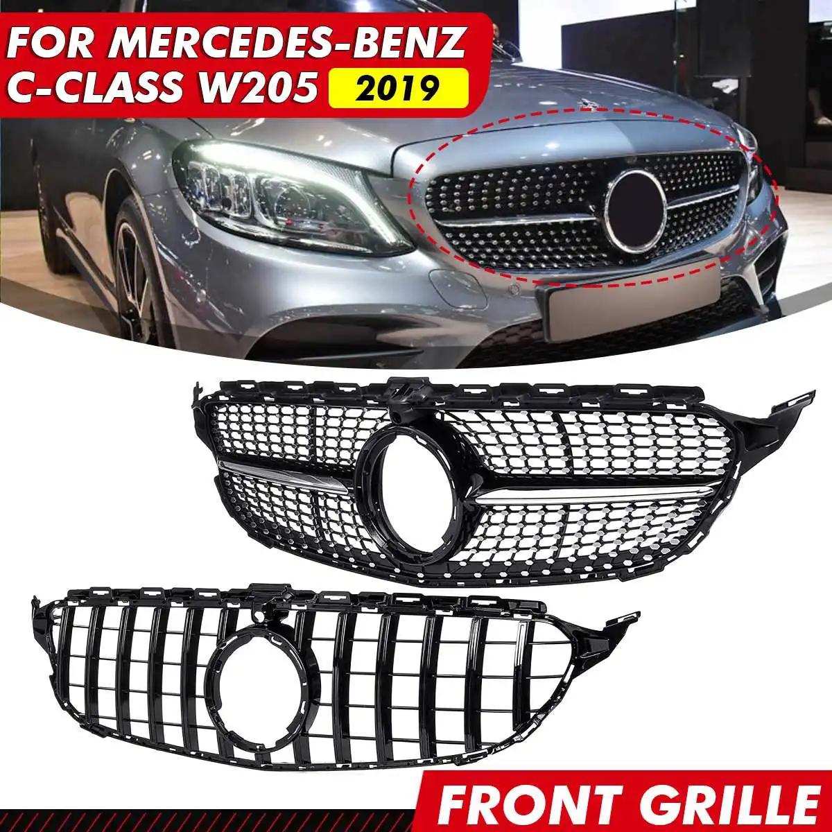 

High Quality Car Front Bumper Upper Grill Grille For Benz C Class W205 C200 C250 C300 C350 2019 2020 2021 Front Racing Grill