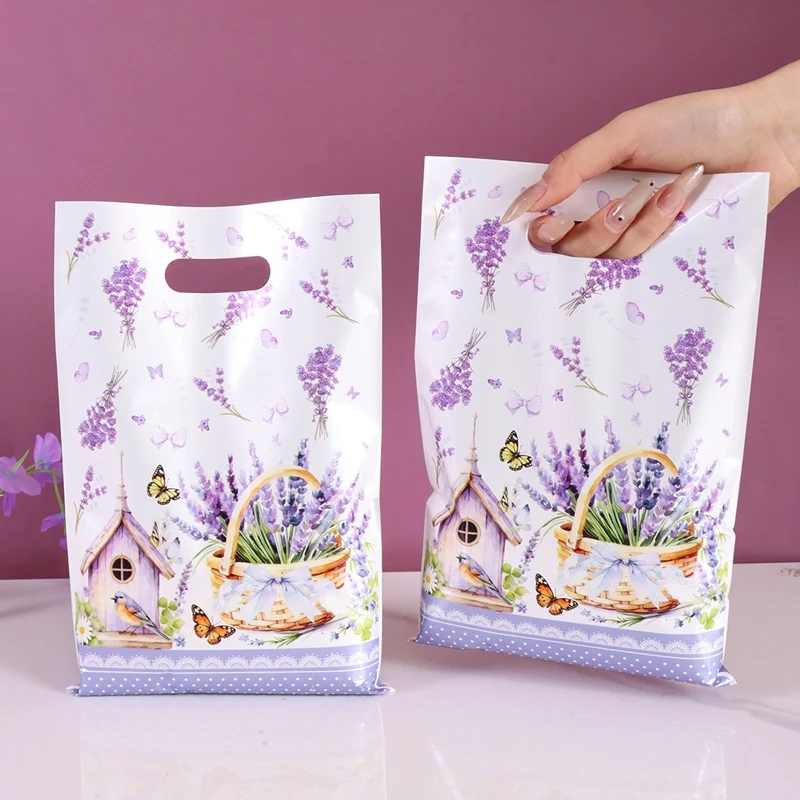 10/20/50 pièces Sacs cadeaux en tissu violet lavande avec motif floral et papillon pour mariage, anniversaire, fête de printemps, fournitures de fête
