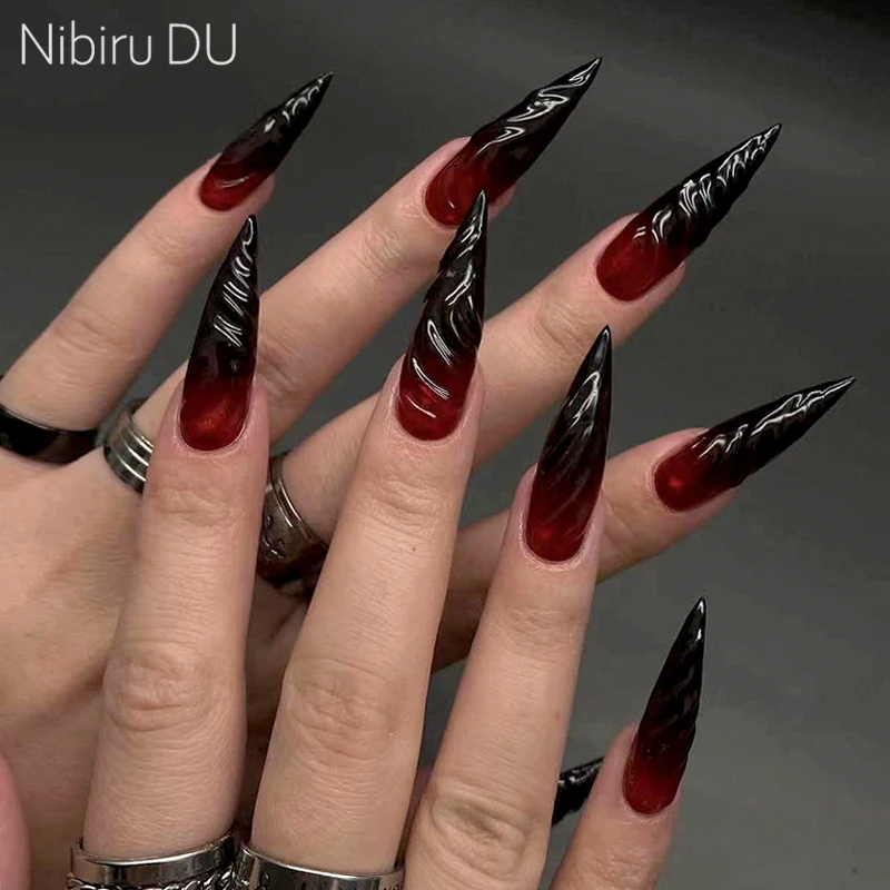 24Pcs Halloween Blood Press on Nails Set Long Coffin Glossy Acrylic Nail Tips Full Cover Ballerina False Nails for Women&Girls