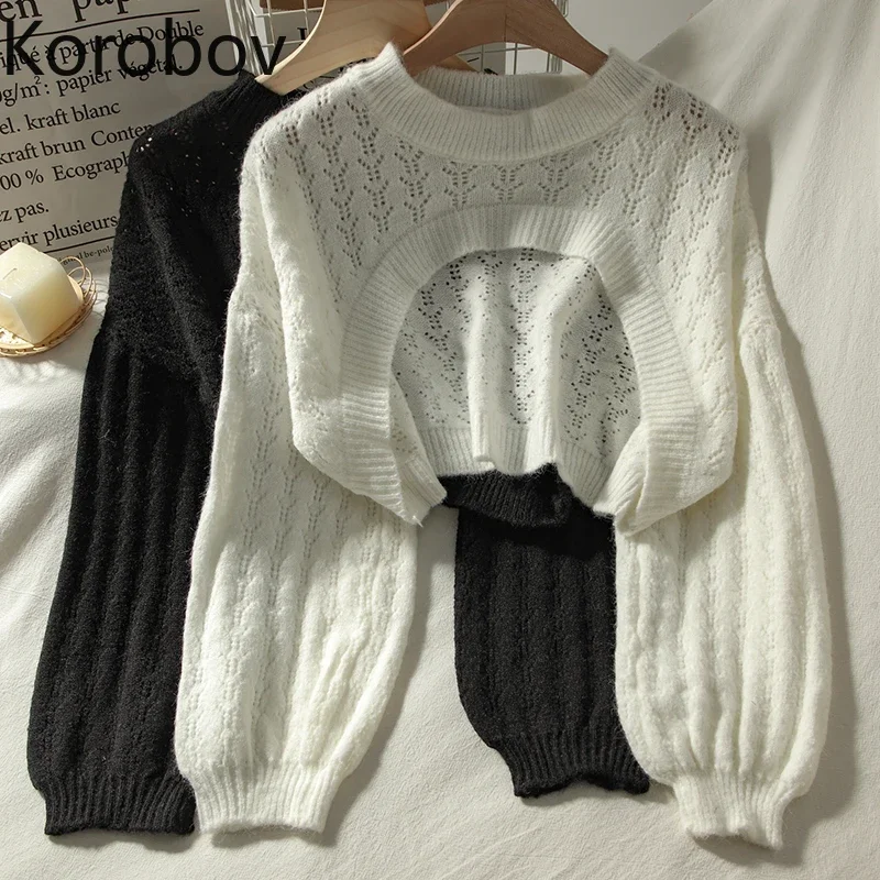 Korobov Hollow Out Women Sweaters Vintage O Neck Long Sleeve Female Pullovers 2020 Autumn New Chic Streetwear Sueter Mujer