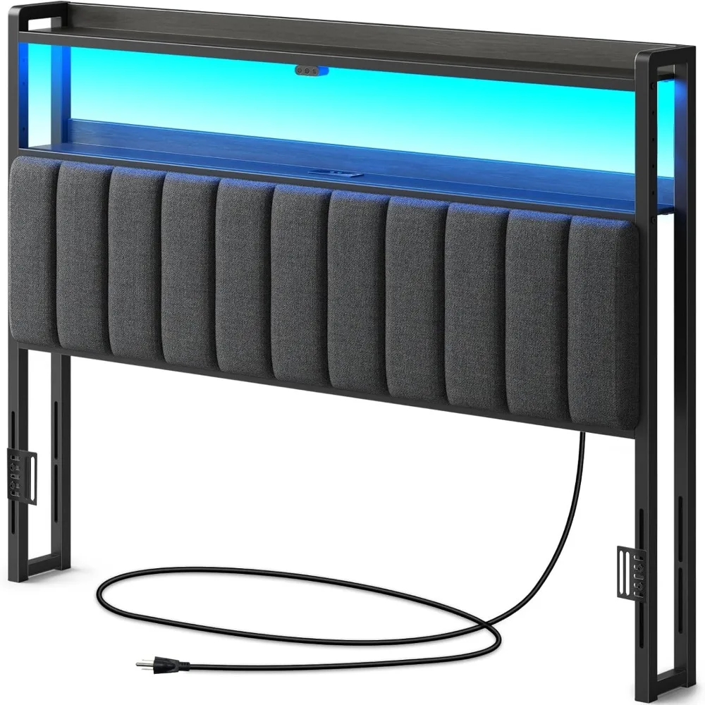 Headboard untuk tempat tidur ukuran Queen dengan penyimpanan, 60,000 warna lampu LED DIY, papan kepala dengan Port USB & tipe C, tinggi dapat diatur