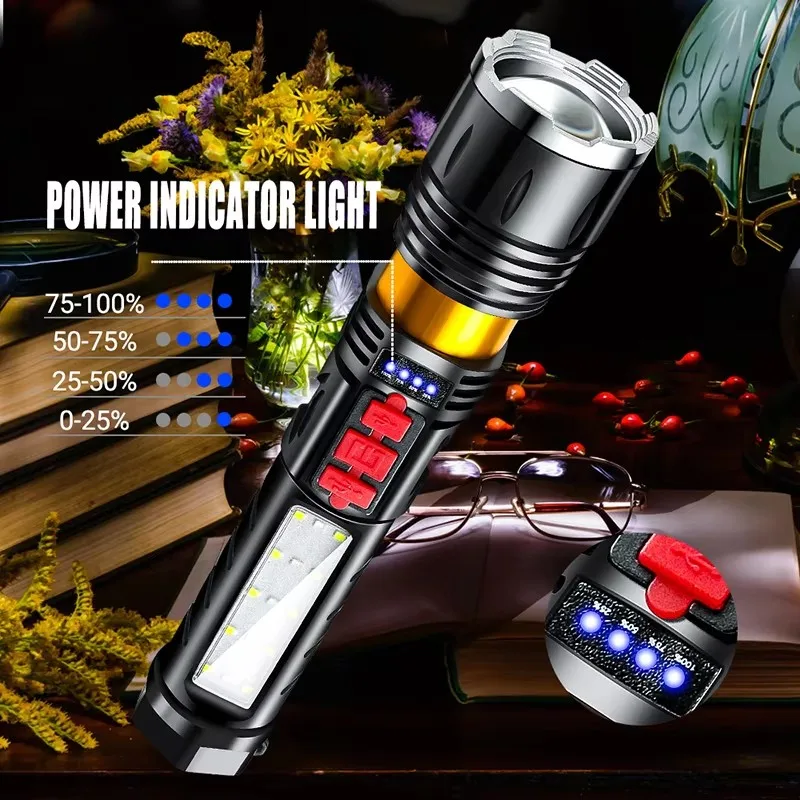 High Power Rechargeable LED Flashlight Lighting 20H Torch Light  Super Powerful Multifunctional Flashlight With Siren Sound
