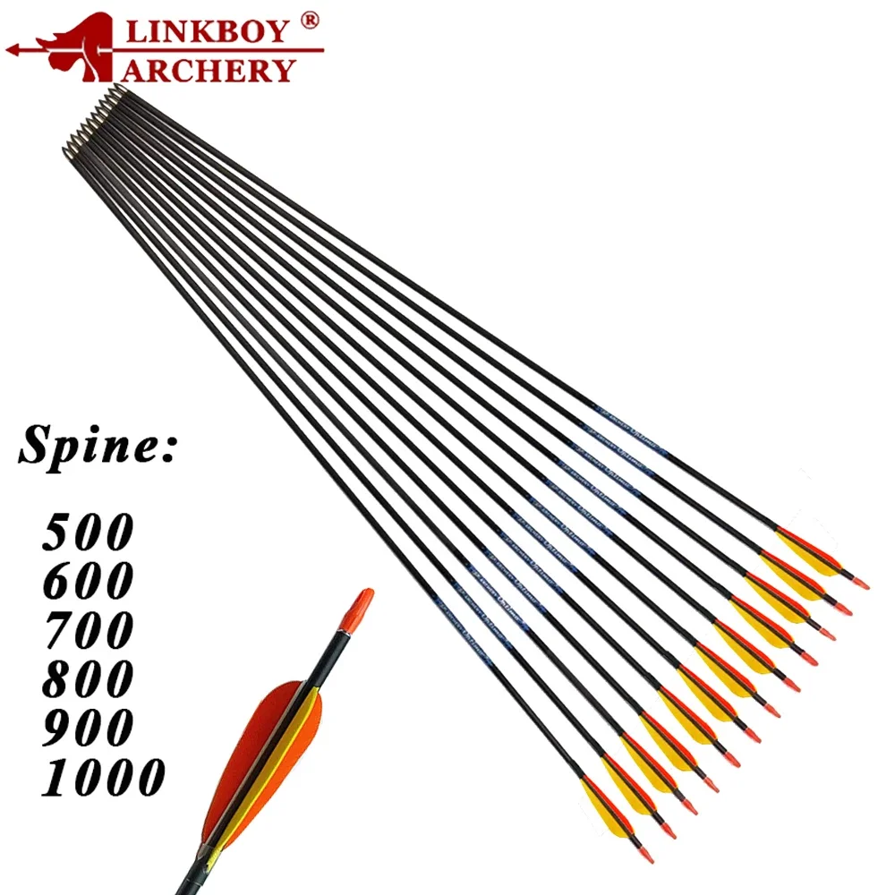 12PCS Archery Carbon Arrows SP500-1000 ID4.2mm 3inch Turkey Feather 80gr Tips for Recurve Bow Longbow Hunting Shooting