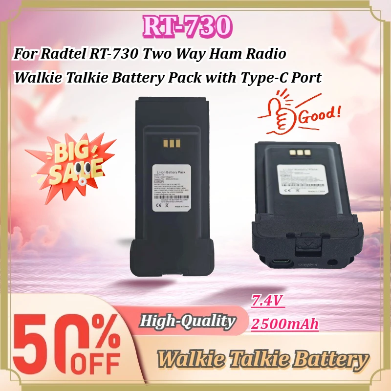 For Radtel RT-730 Two Way Ham Radio Walkie Talkie Battery Pack 7.4V 2500mAh Li-ion Rechargeable Battery with Type-C Port
