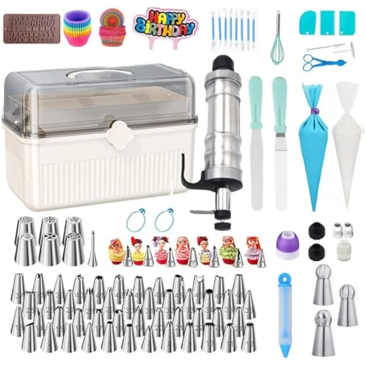 309-piece professional baking decoration set featuring 73 polished 304 stainless steel nozzles ergonomic press-style piping gun