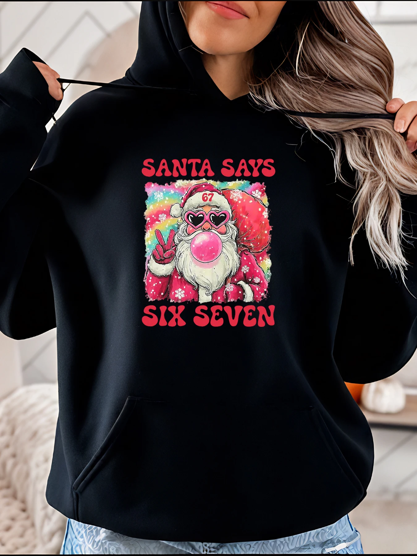 

Рождественская толстовка с капюшоном Santa Says Six Seven, Санта-Клаус, повседневная толстовка унисекс с принтом пузырьковой резинки, праздничный подарок для женщин и мужчин