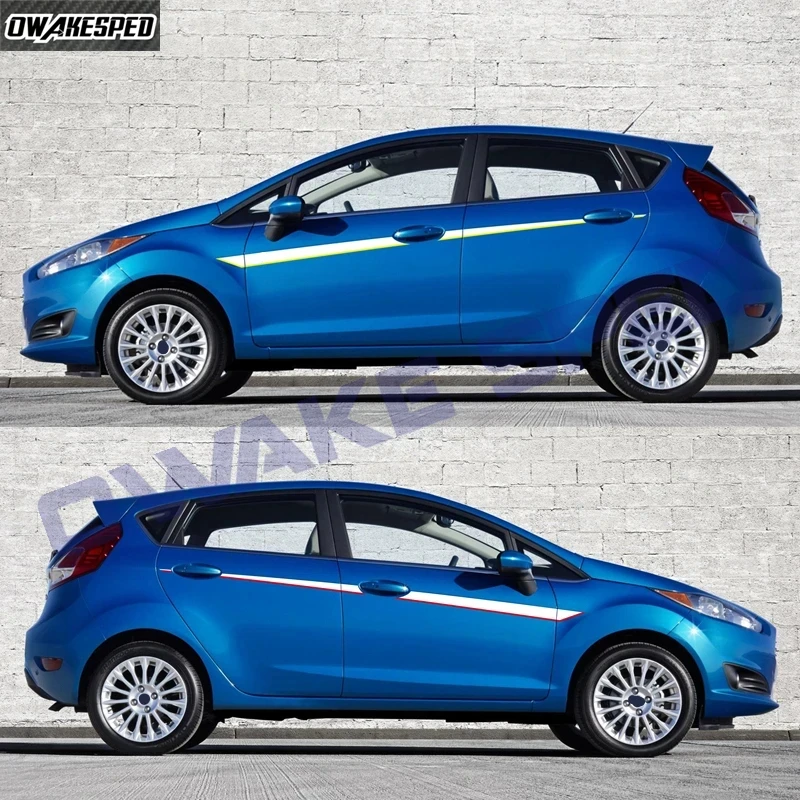 2pcs Racing Sport Stripes Car Body Waistlines Sticker For Ford Fiesta 3-5 Doors ST RS Auto Door Side Decor Tuning Vinyl Decals