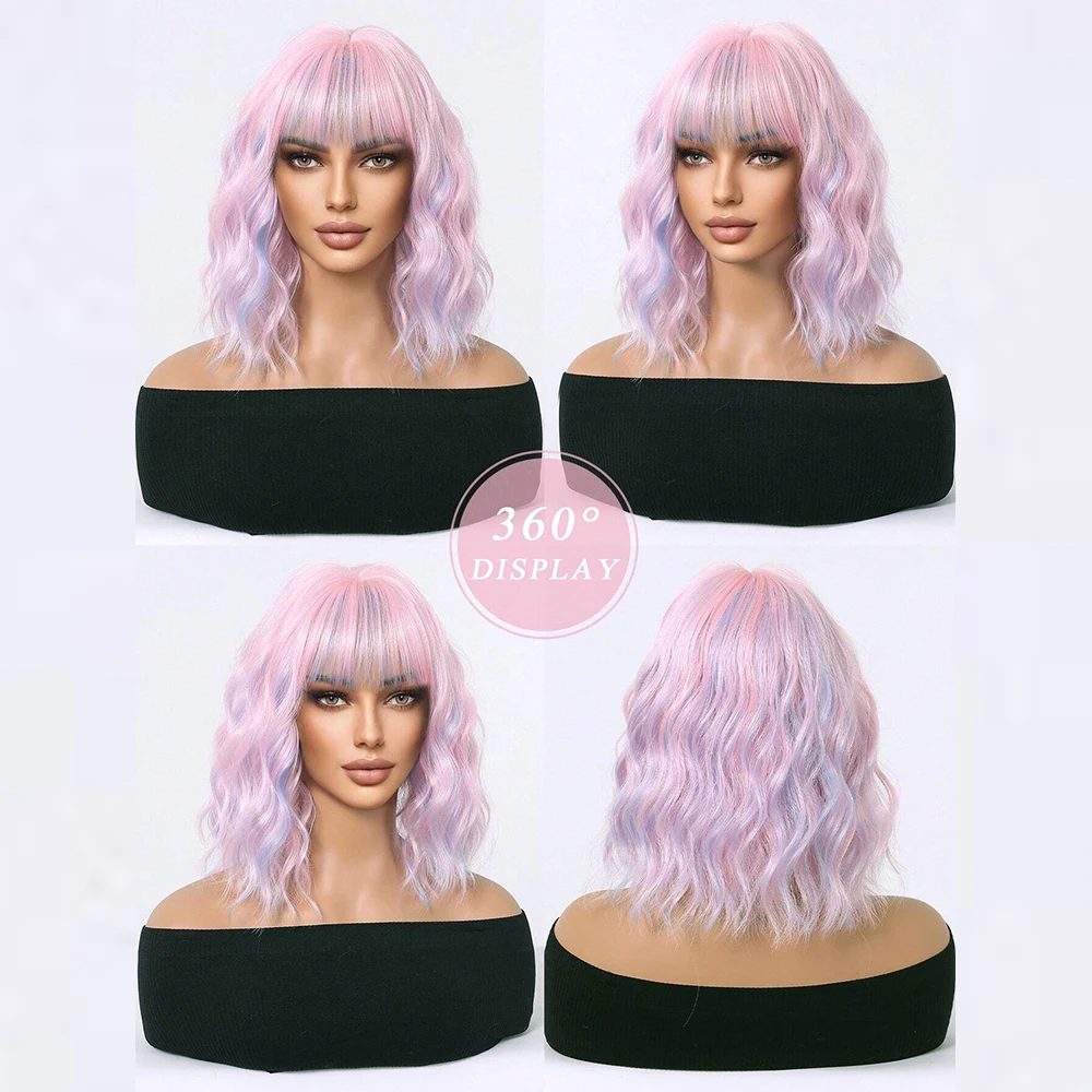 Curly Pink Purple Mixed Blue Wavy Synthetic Wigs with Bangs Short Bob Colorful Cosplay Wig for Women Natural Heat Resistant Hair