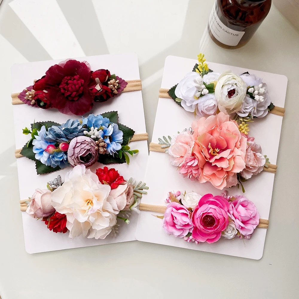 ชุดที่คาดผมดอกไม้ประดิษฐ์สำหรับเด็กผู้หญิง 3 ชิ้น ชุดที่คาดผมงานแต่งงานแสนหวาน ที่คาดผมดอกไม้สำหรับเด็กเล็ก ยางยืดไนลอน อุปกรณ์เสริมสำหรับผม