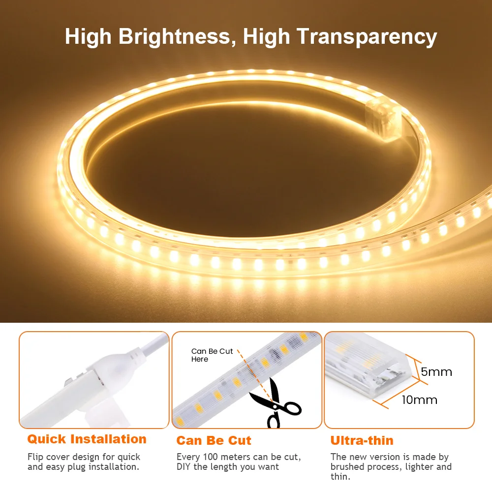 220V 2835 LED Strip Light with Switch Power Plug Kit 120LED/m Waterproof Flexible LED Ribbon Home Decoration Cold/Warm White