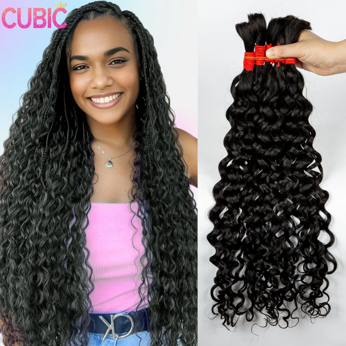 Water Wave Human Hair Bulk for Boho Braids Extensions Deep Wave Curly 12A Virgin Hair Bundles No Weft 16-28Inch Human Hair Bulk