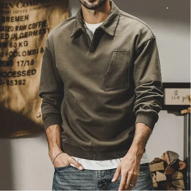 

Men's Heavyweight American Vintage Long-Sleeve Polo Shirt New Spring Autumn Style Loose Fashion Versatile Collared Sweatshirt