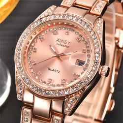 Relojes de marca grande para mujer, banda de aleación informal, reloj de pulsera de cuarzo con fecha de diamante Simple, relojes de oro rosa, moda femenina 2024