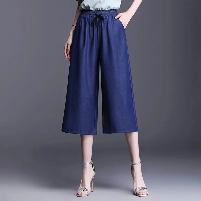 NEW Ice Silk Jeans Women Summer Thin Denim Pants Elastic Waist Wide Leg Pants Large Size Female Straight Ankle-Length Jeans