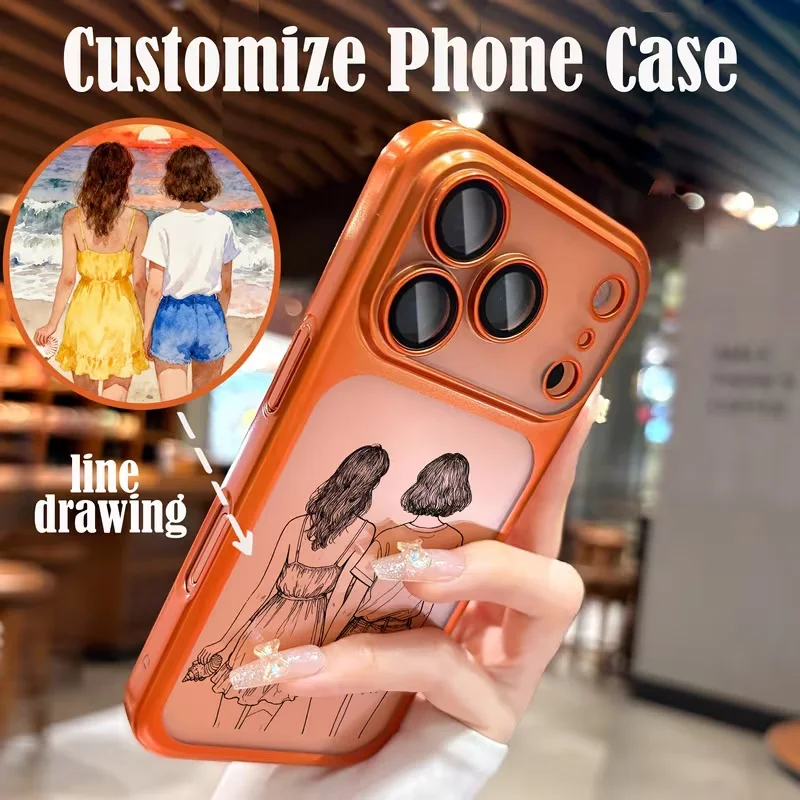 Personalisierte Luxus-Handyhülle mit individuellem Foto-Linienzeichnungsmuster, mattiertes PC-Gehäuse für iPhone 17 16 15 14 13 12 Pro Max, personalisiertes Geschenk