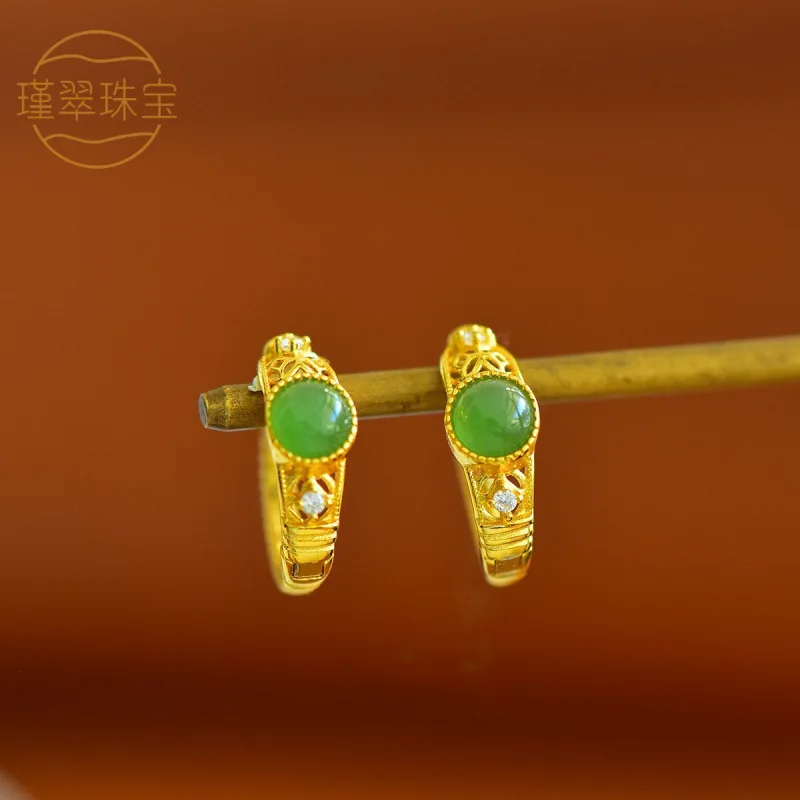 New Women'S Pendant, Handcrafted Using Traditional Techniques, S925 Silver Inlaid With Hetian Jade, Round Drum-Shaped Earri