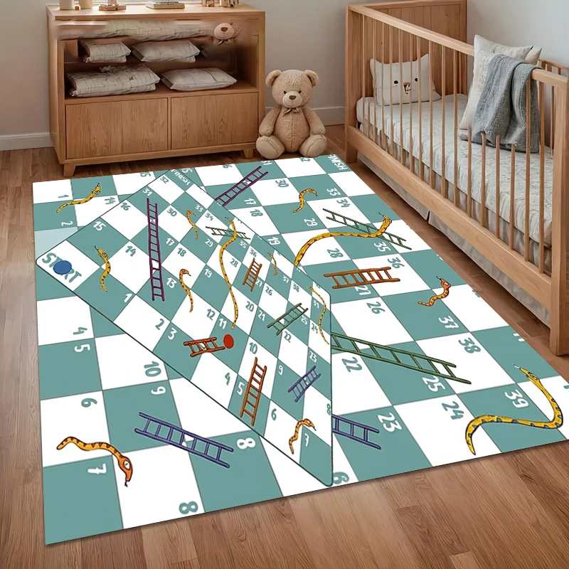 Snakes and Ladders Game Area Rug Non Slip Floor Carpet for Living Room Bedroom Nursery with Teal and White Board Pattern