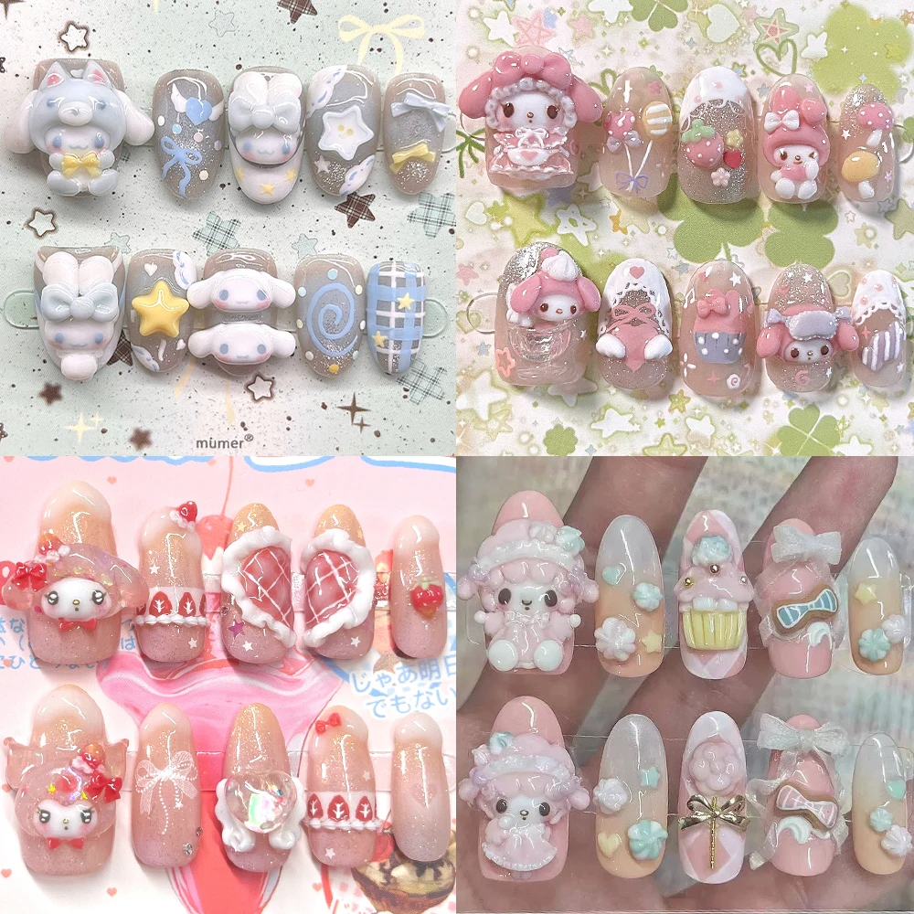 

3D Cartoon My Melody Cinnamoroll Kuromi Handmade Almond Press On Nails Bowknot Cake Flower Lace Pearl Star Wearable False Nails