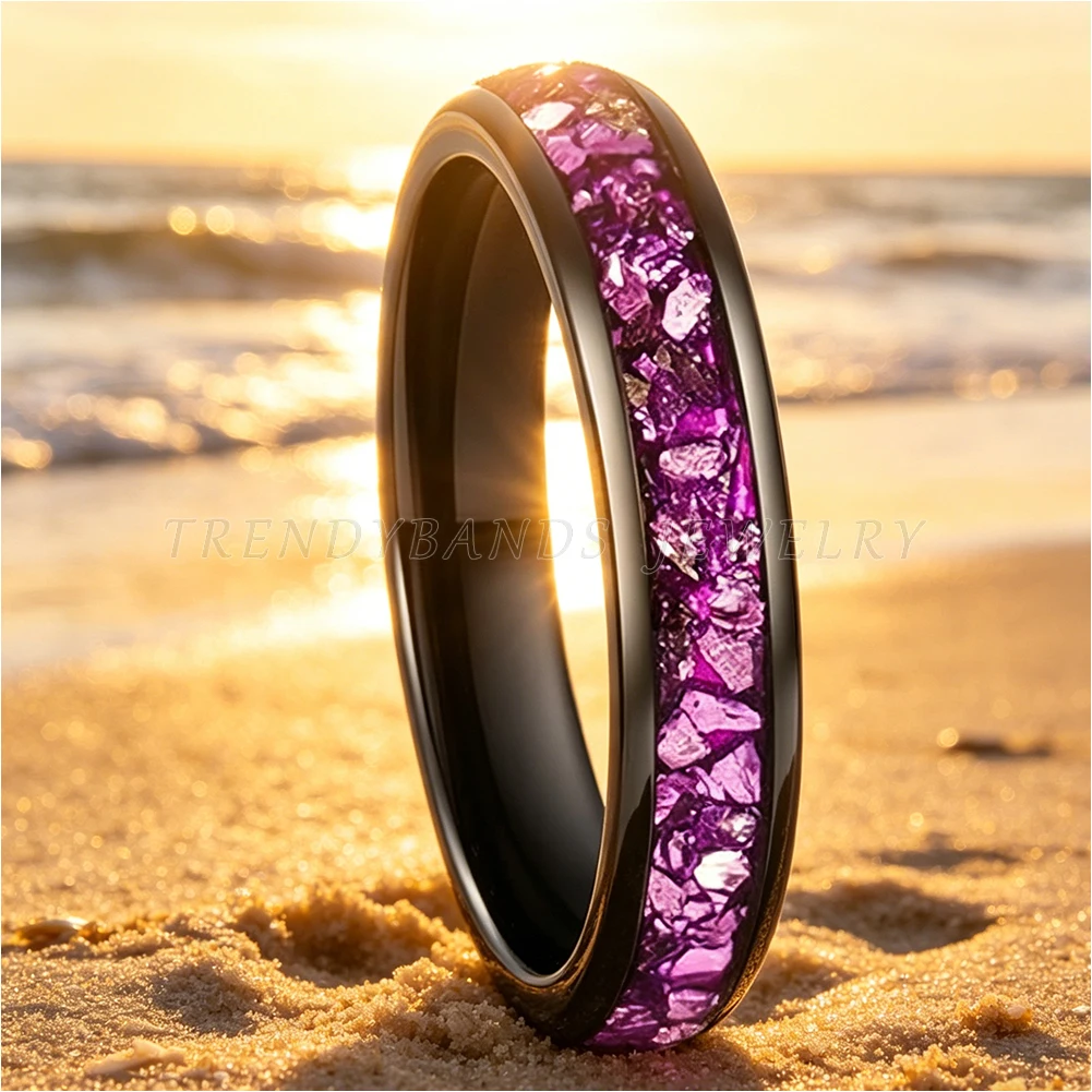 4mm Wolframcarbid-Ring für Herren und Damen, Ehering, Verlobungsschmuck mit Lila Kristallstein-Einlage, Komfortabler Sitz – Detail 1