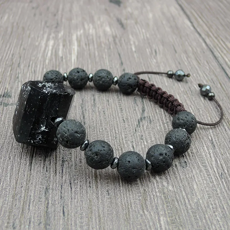 Black Tourmaline Point Volcanic Ore Round BeadsBracelet Hand-knitted Centipede Knot