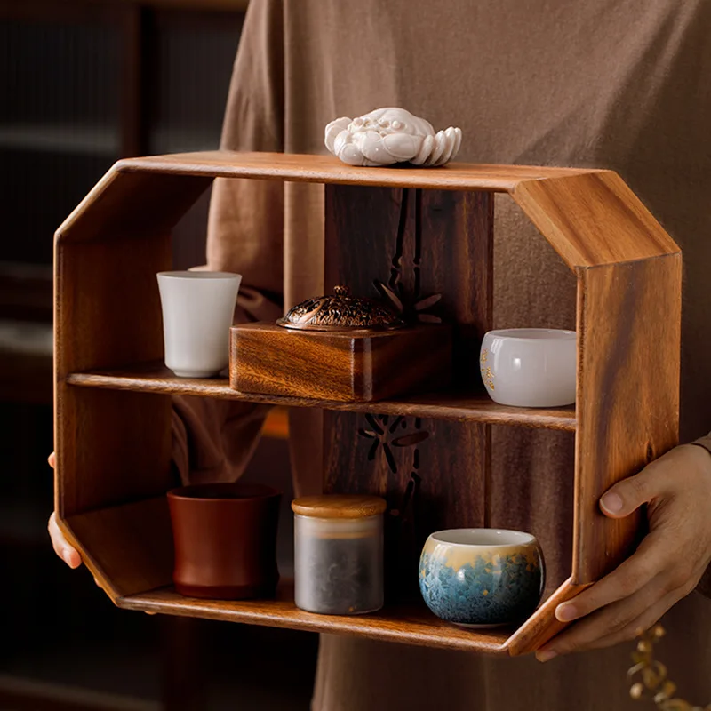 Walnut window grille hollow desktop storage rack, household tea set storage rack, display rack, tea room multi-treasure Bogu