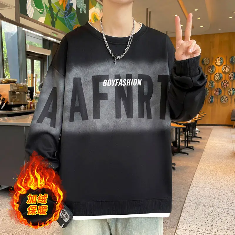 GIOIO men's sweatshirt, round neck printed plus velvet thickened loose casual warm pullover