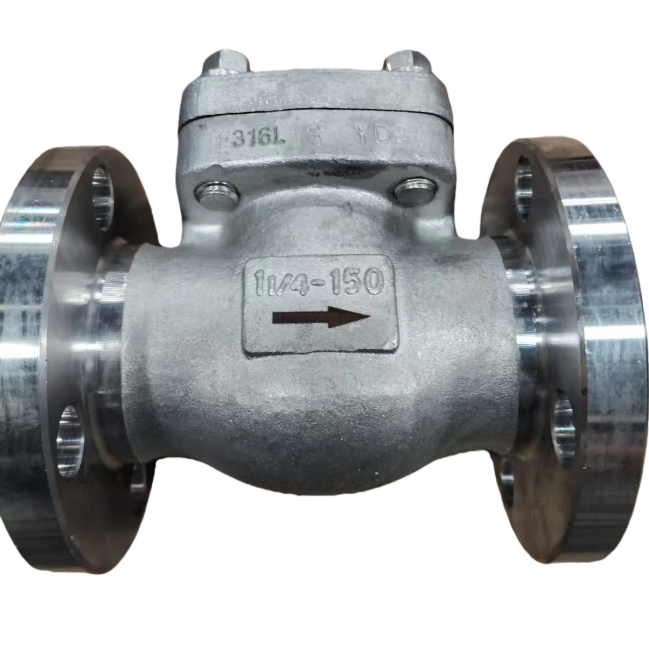 -resistant, small, 11/4 steel forging, ASTM A182 F316L integral flange swing check valve for petroleum applications.