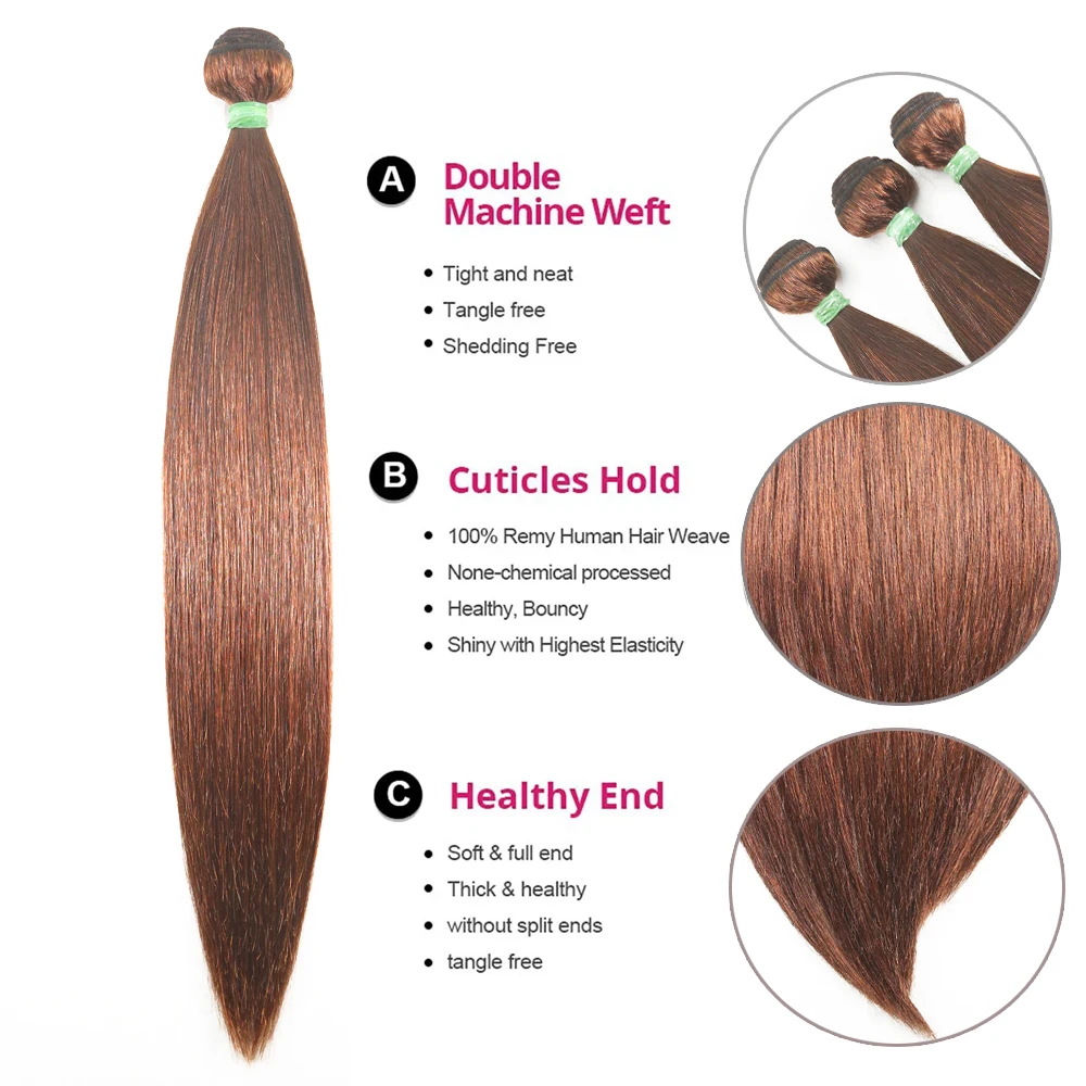 Pacotes retos de cabelo humano com fechamento para mulheres, remy hair weave, castanho chocolate, brasileiro, 10-30in, #4