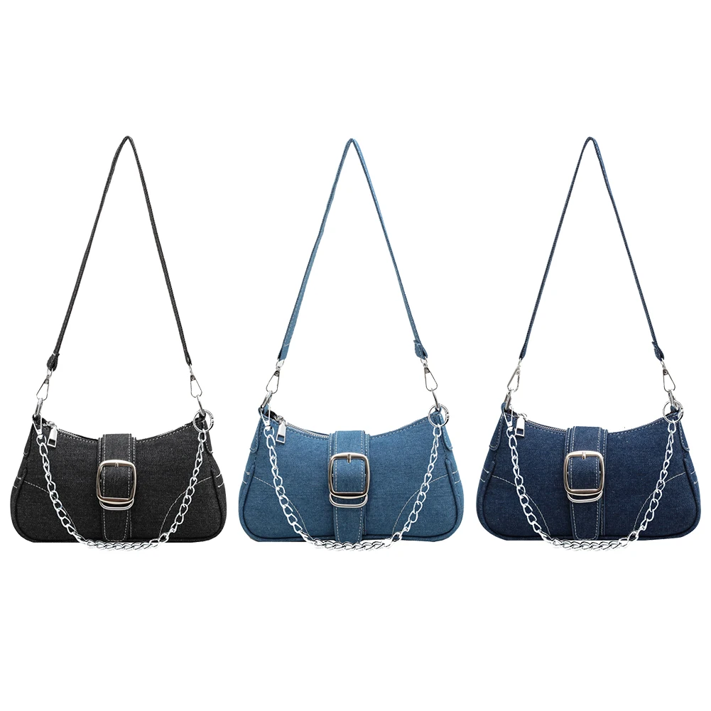 Women Denim Shoulder Bag Buckle Decor Retro Tote Handbag Fashion Denim Underarm Bag Casual Evening Satchel Bag