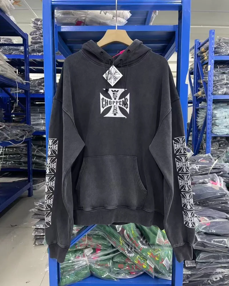 West Coast Choppers High Street Fall/Winter Black Thick Cotton Men's/Women's Cross Print Washed High-Quality Hoodie