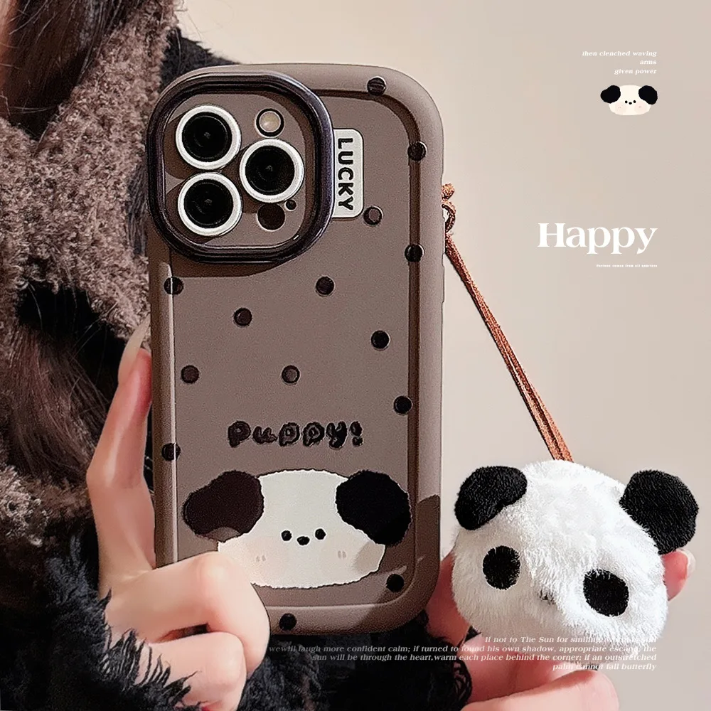 Lovely Creative Brown Polka Dot Puppy Phone Case For iPhone11 12 13 14 15 Pro X XR 7 8 Lens Protection Shockproof Soft TPU Cover