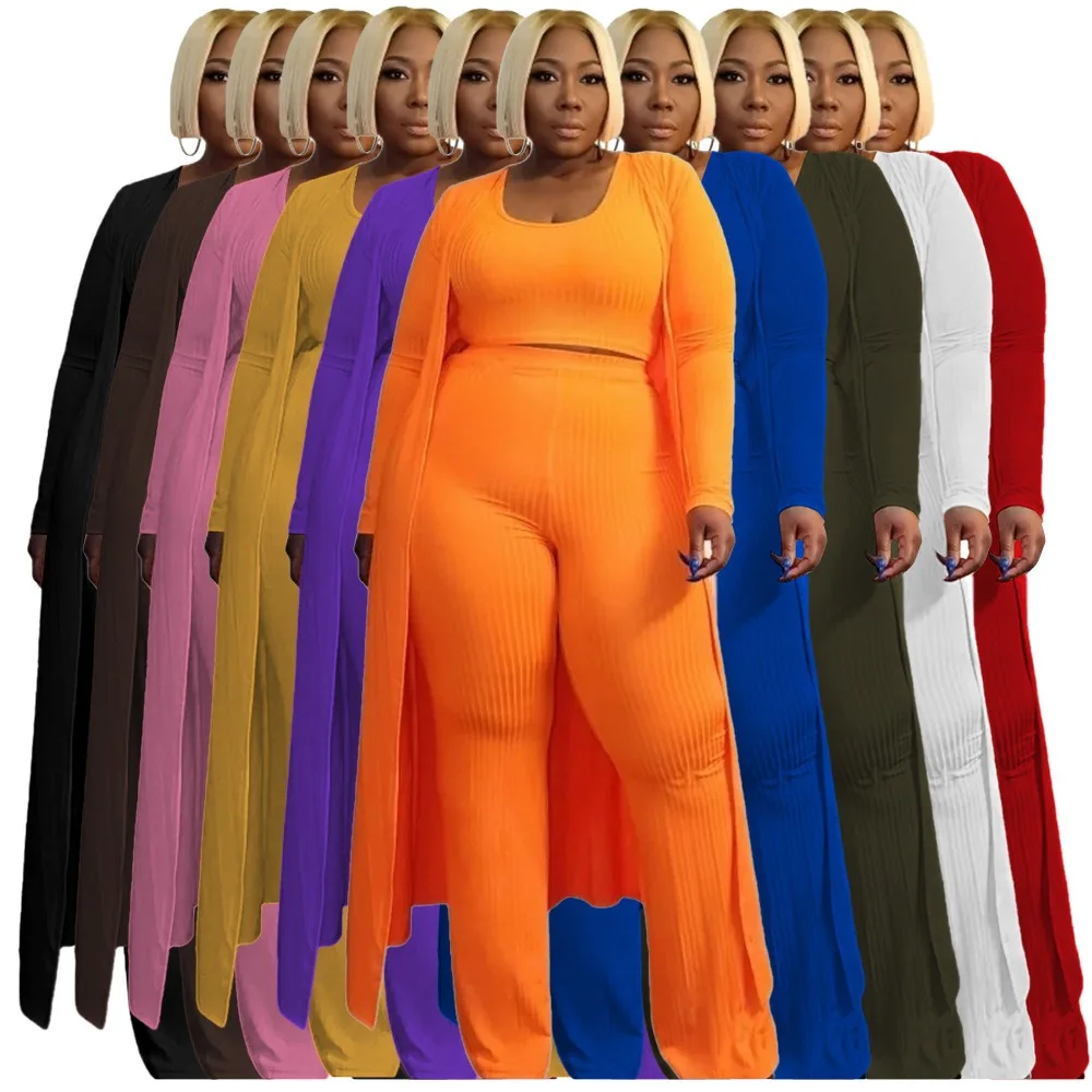 

L-4XL 2024, зимняя женская одежда больших размеров, комплекты из трех предметов, африканский однотонный топ в рубчик с длинными рукавами и брючные костюмы, оптовая продажа